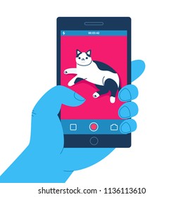Vector Color illustration transparent layer phone in hand takes pictures