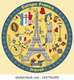 vector color illustration travel to Europe France, symbols and attractions, set of drawings, print design and web design, drawings on separate layers, Doodle style