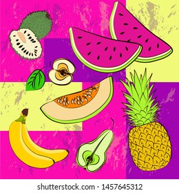 Vector color illustration of tropical fruits. Figure watermelon, melon, pineapple, apple, pear, banana.