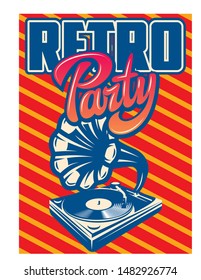 Vector color illustration of a turntable with vinyl and calligraphic inscription.