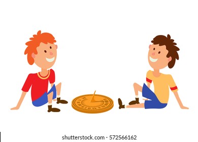 Vector color illustration of two boys sitting near the old sundial on a white background. 
Stock vector illustration