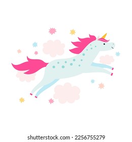 Vector color illustration of unicorn running in clouds in flat style. Cute fairytale cartoon character isolated on white.