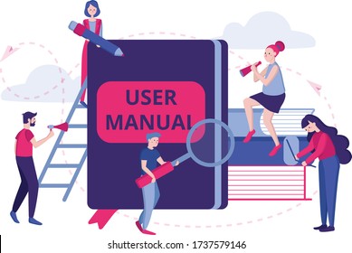 Vector color illustration. User manual concept. Team of specialists make up the user manual. Requirements specifications document. Guidance and instructions for users.