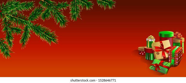 Vector color illustration of a variety of boxes on a red background. Christmas presents and fir branch.