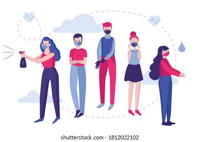 Vector color illustration. Virus prevention concept. Group of people, wear protective masks, disinfect everything around them, wash their hands. Protect from viruses and microbes.