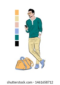 
Vector color illustration of a waiting man with phone and bag. Isolated drawing of a young man holding a telephone.