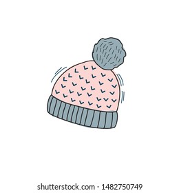 Vector color illustration of warm autumn cap in the style of doodle. Linear illustrations by hand. Knitted hat.