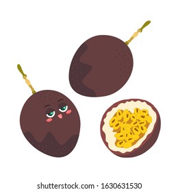 Vector color illustration of whole and half passion fruit on white background in flat style. Bright set of exotic fruit for design.