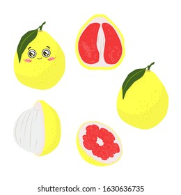 Vector color illustration of a whole and a half pomelo on a white background in a flat style. Bright set for design.