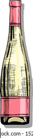 Vector color illustration of wine bottle in ink hand drawn style. isolated on white.