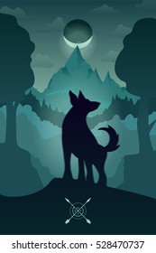 Vector color illustration of a wolf, landscape, mountains, night, silhouette, moon, crescent.