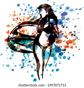 Vector color illustration of a woman with a surfboard