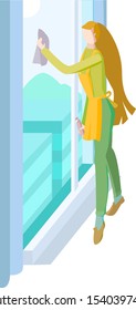 Vector color illustration with woman wiping large window. Can be used in web design, business cards, various printing products with concept of cleaning services.