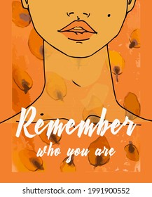 Vector color illustration of a woman's face with soft lips. A bright illustration on a colored background with text on a separate background for the possibility of replacement.