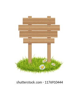 Vector Color Illustration Of Wooden Board Standing On Green Loan