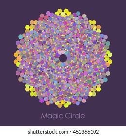 Vector color illustration of the yellow and violet magic circle with polygonal ornament on the dark violet background.