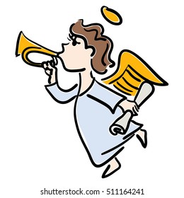 Vector color illustration of a young angel with a gold trumpet on a white background