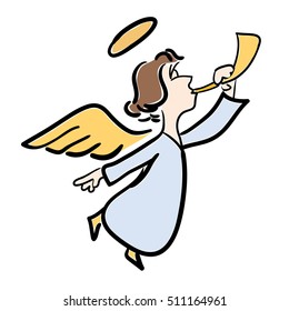 Vector color illustration of a young angel with a trumpet on a white background