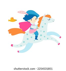 Vector color illustration of a young prince riding a horse in flat style. Cute fairytale character.