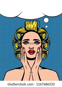 Vector color illustration of a young woman with curlers on her head is shocked. An attractive housewife holds her hands in her mouth. Pop art comic style poster of surprise emotional woman