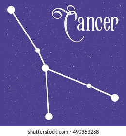 Vector color illustration of the zodiac sign cancer with text Cancer and symbol from stars at the sky background. Vector image of the constellation. Image for calendar, poster, almanac, horoscope.