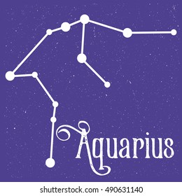 Vector color illustration of the zodiac sign aquarius, symbol from stars at the dark textured sky background. Vector image of the constellation. Image for calendar, horoscope, almanac.
