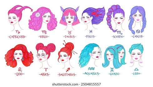 Vector color illustrations collection of zodiac signs girls portraits