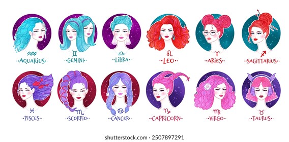 Vector color illustrations collection of zodiac signs girls portraits with starry sky background
