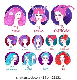 Vector color illustrations collection of zodiac signs girls portraits 