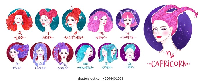Vector color illustrations collection of zodiac signs girls portraits