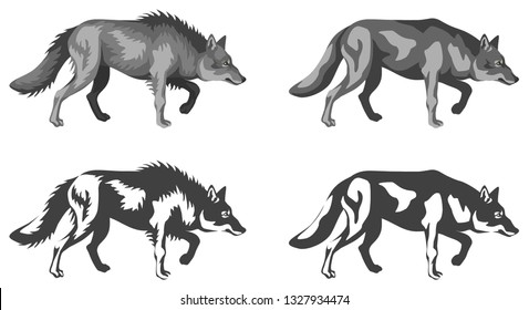 vector color illustrations - a set of figures of a crouching wolf in different techniques