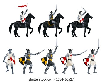 vector color illustrations - a set of images of a figure of a knight on foot and horse, armed with a sword and a spear