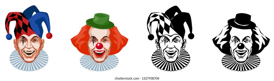 vector color illustrations - a set of portraits - clown and harlequin in different stylization techniques