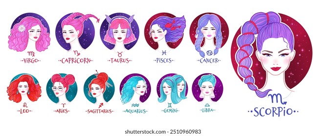 Vector color illustrations set of zodiac signs girls portraits with starry sky background