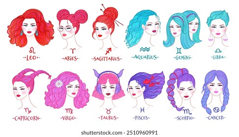 Vector color illustrations set of zodiac signs girls portraits