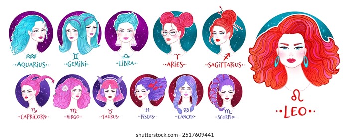 Vector color illustrations set of zodiac signs girls portraits with starry sky background