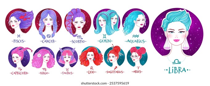 Ilustrações em cores vetoriais conjunto de signos zodíacos meninas retratos com céu estrelado fundo