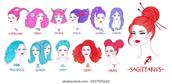 Vector color illustrations set of zodiac signs girls portraits