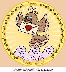 vector color illustrations in the style of children's scribbles on the theme of Valentine's day, Bird flying with envelope and heart in its beak round sticker