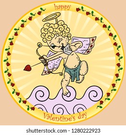 vector color illustrations in the style of children's scribbles on the theme of Valentine's day, Cupid, Cupid shoots an arrow at the cloud round sticker