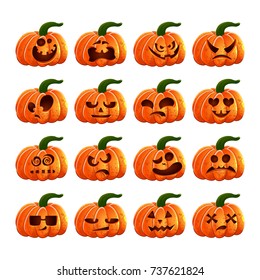 Vector Color Illustrationset Of Cartoon Halloween Pumpkin With Faces On White Background. Emotions, Emoji, Stickers. Object Image To Create Original Web Games, Graphic Design