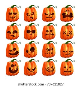 Vector Color Illustrationset Of Cartoon Halloween Pumpkin With Faces On White Background. Emotions, Emoji, Stickers. Object Image To Create Original Web Games, Graphic Design