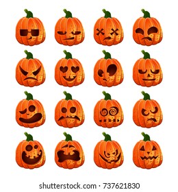 Vector Color Illustrationset Of Cartoon Halloween Pumpkin With Faces On White Background. Emotions, Emoji, Stickers. Object Image To Create Original Web Games, Graphic Design