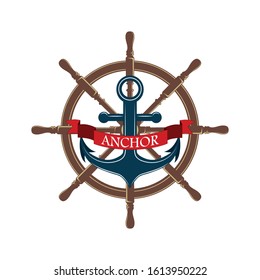 Vector color image anchor, ship steering wheel, ribbon.
