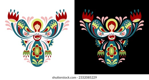 Vector color image with an angel with floral ornament based on Ukrainian embroidery on a white and black background.