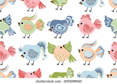 Vector color image of birds, bird icon design. Cute cartoon birds. poster decor. Art print. Folk art bird decoration, retro. children's wallpaper on the wall.