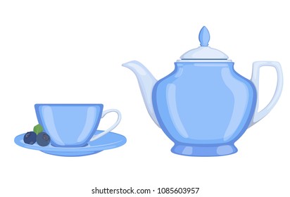 Vector color image of blue porcelain teapot and cup with blueberry berry isolated on white background.