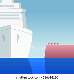 Vector color image boat motor boat ship cruise liner moored pier quay port harbor. Sea ocean bay. White Blue Ship Bay marina.