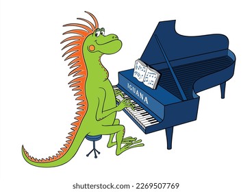 Vector color image of a cartoon Iguana isolated on white. Cheerful cartoon Iguana plays the grand piano. Iguana musician for children's coloring book.