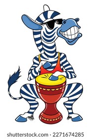 Vector color image of a cartoon Zebra isolated on white. Cartoon Zebra plays the African Djemba. Cheerful Zebra in sunglasses plays the drum.